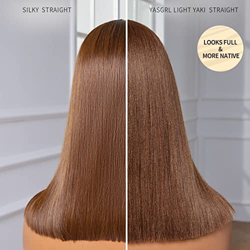 Yasgrl 12" Brown Wig With Bangs Light Yaki Straight Human Hair Bob Wig With Bangs Realistic Look Hd Lace Glueless Wigs Blunt Cut Brown Bob Wig 100% Human Virgin Hair Wigs 180 Density #TOP1