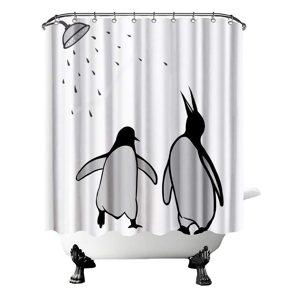 FuShvre Black and White Animal Shower Curtain Abstract Silhouette Penguin Polar Birds Bath Curtain Funny Kids Bathroom Decor Hooks Included 72"×72"