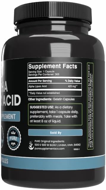 PURE ORIGINAL INGREDIENTS Alpha Lipoic Acid (365 Capsules) No Magnesium Or Rice Fillers, Always Pure, Lab Verified