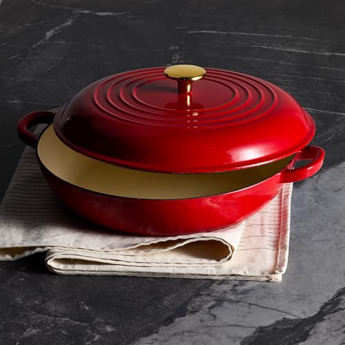 Image of CAROTE 3.4QT Enameled Cast Iron Braiser Pan, Shallow Dutch Oven Casserole Skillets, Non-Toxic Cast Iron Pot with Lid for Grilling, Searing, Baking, Dual Handles, All Stovetop Compatible, Red
