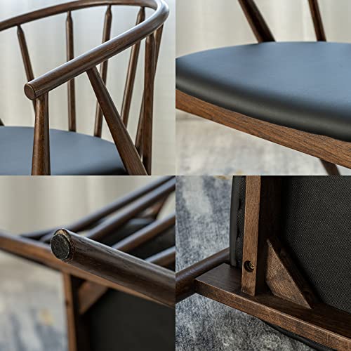 Assembled Oak Wood Arm Chair With Black Faux Leather Seat, Armchair With Curved Backrest For Kitchen, Dining, Bedroom, Living Room, Walnut Color Installation Free #TOP5