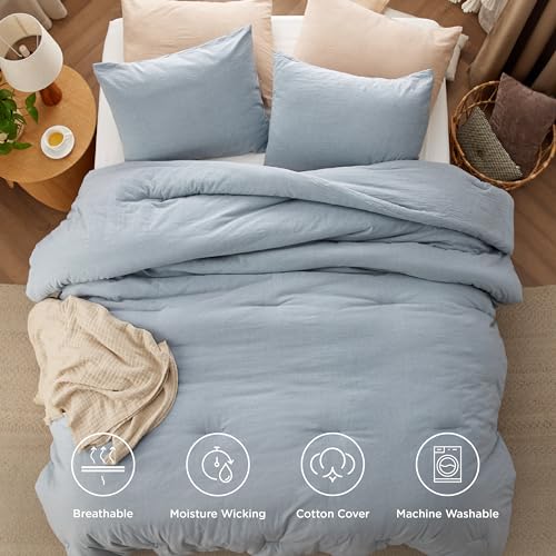 Image of Bedsure Comforter Set Queen Size - Cotton Fabric with Microfiber Inner Fill, Mineral Blue PureWoven Soft Bed Set for All Seasons, 3 Pieces, 1 Comforter (90 inch x 90 inch) and 2 Pillow Cases (20 inch x 26 inch)