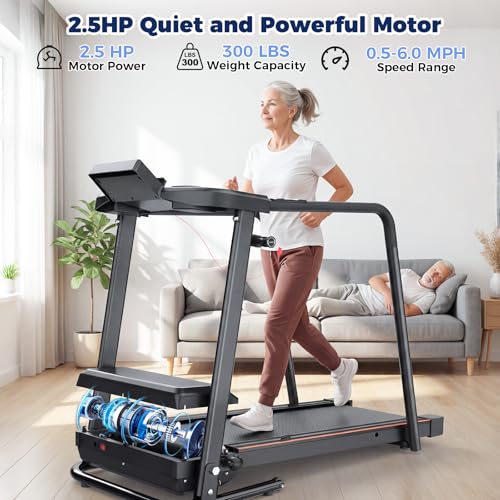 Image of Senior Treadmill for Home, Walking Treadmill with Handrail, 300LBS Capacity | Treadmill for Senior, Emergency Stop, 0.5-6 MPH, 2.5HP, with Holder for Bottle & Phone, Easy Operation, Cushioned Belt