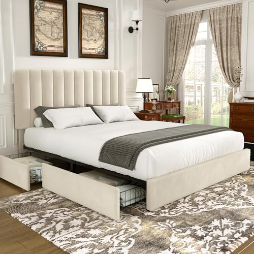 VECELO Lit Double Rembourré 140 x 190 cm avec 4 Tiroirs et Tête de Lit Réglable, Cadre de Lit en Velours, Support à Lattes en Bois Solide, Facile à...