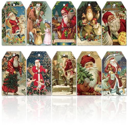 Whaline 120Pcs Vintage Christmas Paper Gift Tags with Hemp Rope Santa Hanging Tag with Pre-Punched Holes Xmas Favor Wish Labels 10 Design