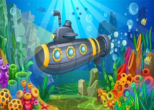 CORFOTO 7x5ft Fabric Cartoon Submarine Backdrop for Photography Underwater World Algae, Corals, Sponges and Fish Undersea Scenery Background for Kids Theme Party Decor Birthday Photo Props