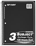 Top Flight Standards 3-Subject Wirebound Notebook 120 Sheets 3-Hole Punched College Rule 10.5 X 8 Inches 1 Notebook Color May Vary (31804)