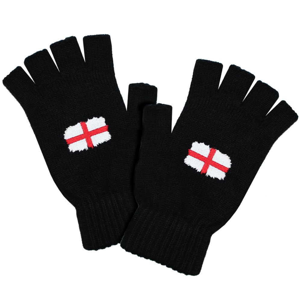 Teddyt's Men's Black England Flag Warm Thermal Knit Embroidered Fingerless Winter Gloves