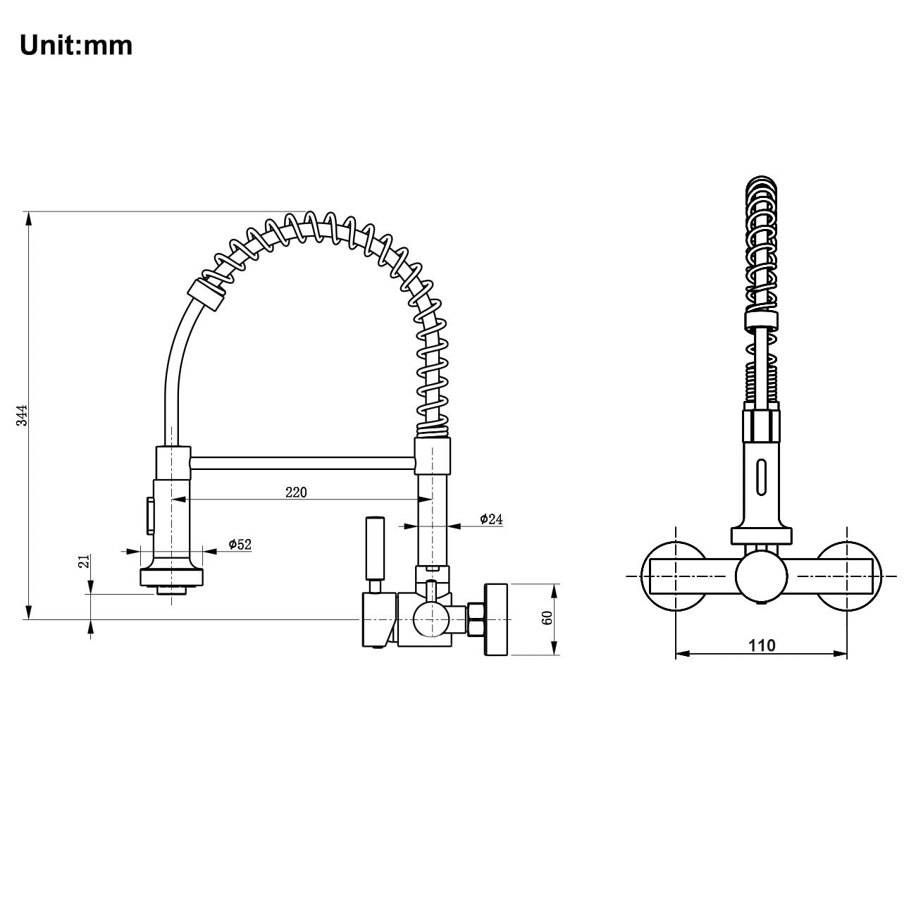 Küchenarmatur Wandmontage 11 cm, Wandarmatur mit 2 Strahlarten | Hoch Gebogen Wasserhahn Wand Küche mit Herunterziehbare Brause | 360° drehbar Mischbatterie aus Edelstahl | Matt