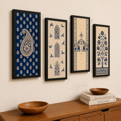 Image of Paintingmantra Indian Heritage Floral Framed Wall Art Painting For Living Room, Royal Elephant, Floral Tree Poster with Frame for Wall, Decoration item for Bedroom, Home, Set of 4, Size- 9.5x19.5 Inch