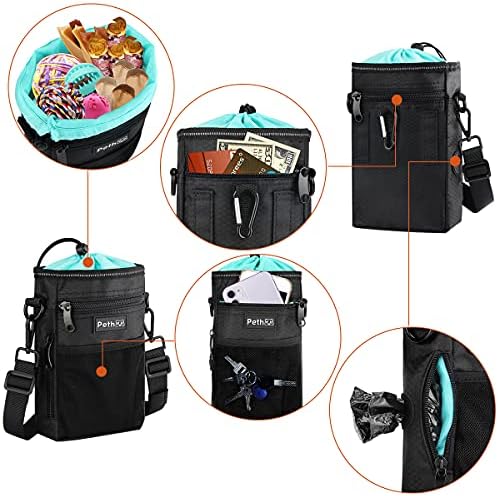 Pethee Dog Training Treats Pouch, Reflective Pet Dog Treat Bag with Poop Bag and Built-in Dispenser, Collapsible Bowl, Clicker, Water Resistant Easy-to-Clean Liner Design, 3 Ways to Wear (Blue)