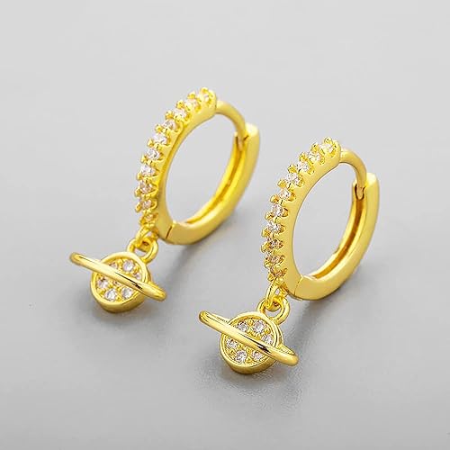Miniatura 4 de Aretes de aro pequeños con circonita cúbica planeta Saturno para mujeres y niñas, chapados en plata, aretes colgantes para cartílago,