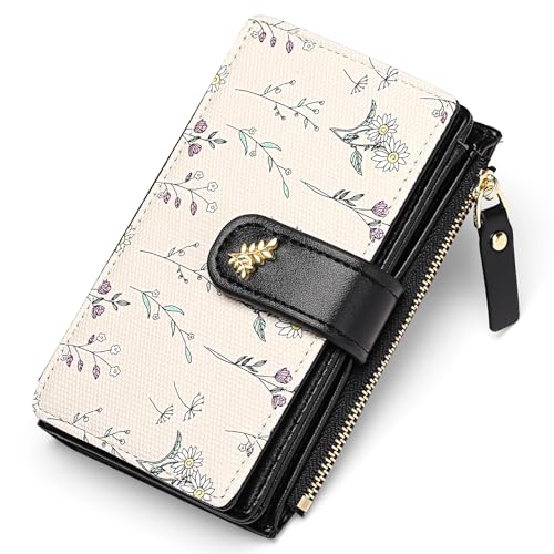 GAEKEAO Wallets for Women RFID Blocking Medium Bifold Ladies Wallet Vegan Leather Floral Card Holder Purse Zipper Coin Pocket