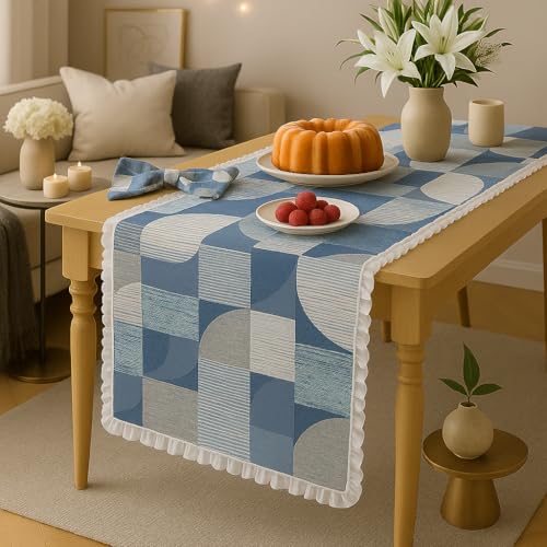 WWW.THROWPILLOW.IN Colourful Geometric Frill Centre Table Runners For Living Room| Dining Table, Coffee Table & Console Decor|Modern Farmhouse Runner for Stylish Homes|13x48 Inch|For 3 Feet Long Table