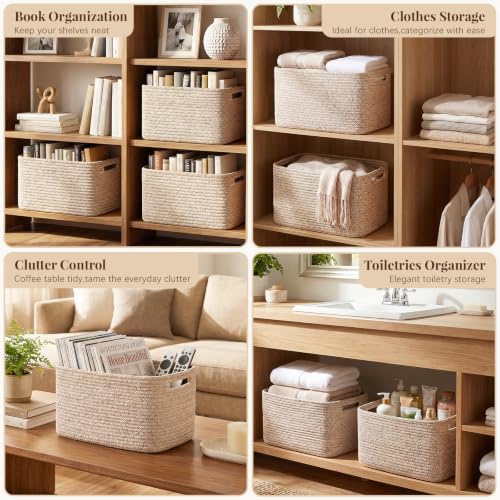 OIASKET-4Packs-Natural-Cotton-Rope-Storage-Baskets-for-Organizing-Toys-Clothes-Towels-Books-Soft-Versatile-Organizers-for-Shelves-Home-Decorative-Bins-13Lx9Wx78H-Brown