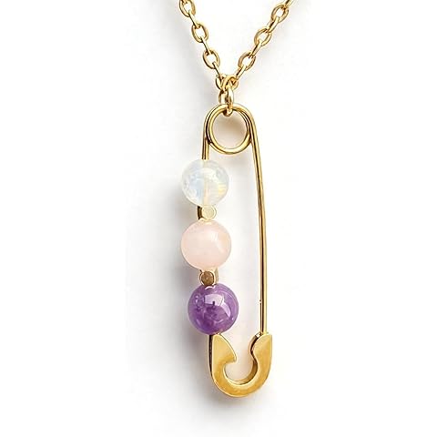 Love Collection Crystal Healing Necklace, Natural Moonstone Rose Quartz Dream Amethyst, 14-24 Inch Gold Plated Chain, Three Stone Protection Pendant for Daily Wear