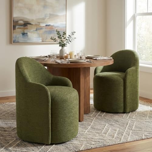Image of KISLOT Upholstered Dining Chairs with Casters, No Assembly Modern Dining Room Chairs Accent Vanity Chair with 5 Wheels & Round Backrest for Bedroom, Living Room, Dressing, Green Fabric, Set of 2