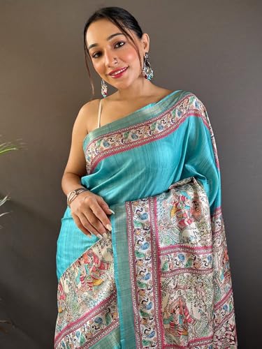 Image of Panzora Women's Tussar Silk Madhubani Printed Saree With Unstitched Blouse Piece