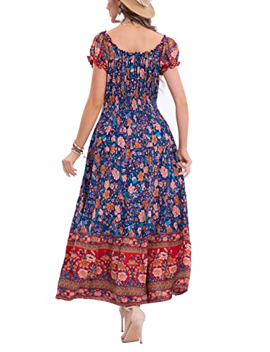 Image of OSTOO Women's Floral Maxi Dress Boho Summer Short Sleeve Smocked Waist Tiered Long Dress