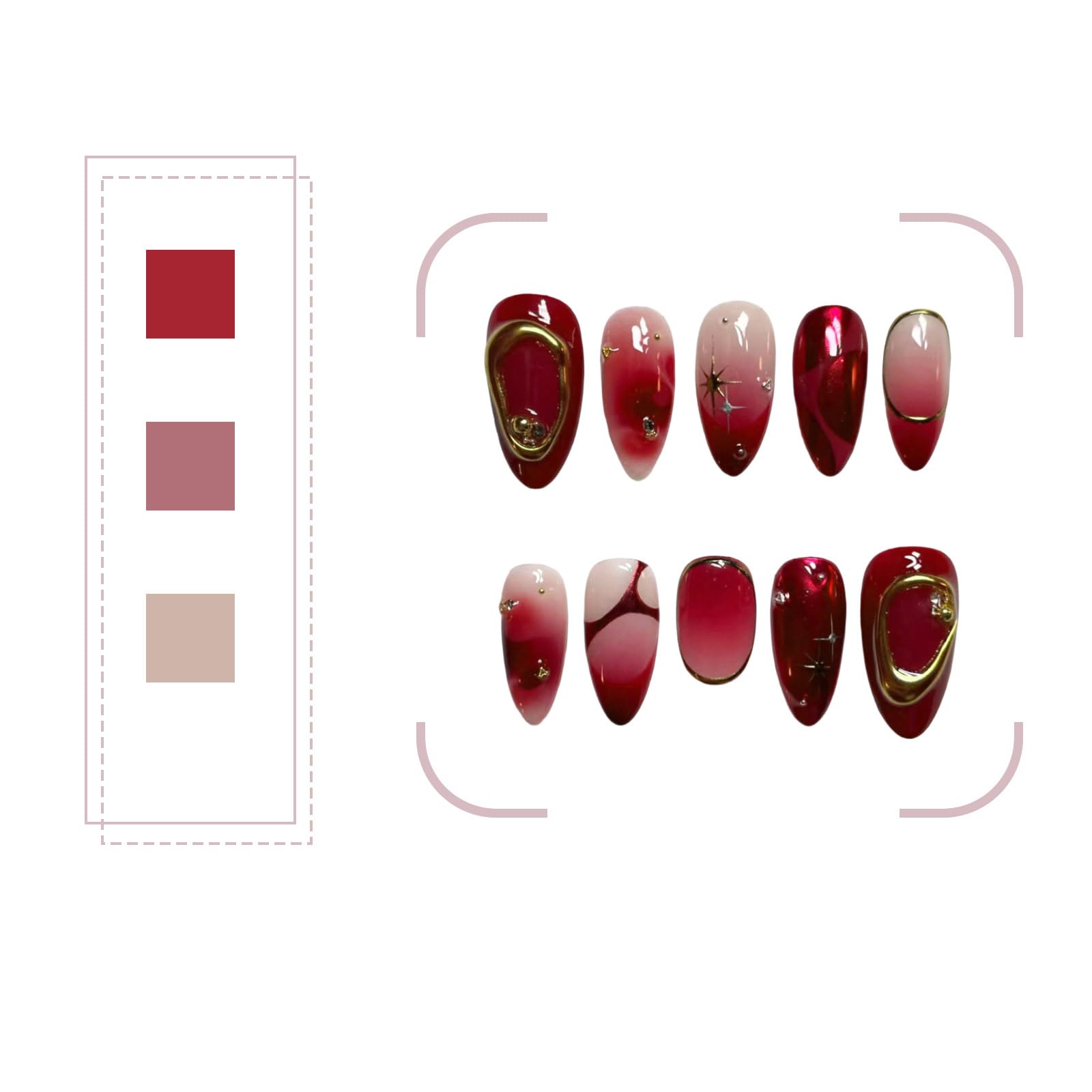 30PCS Red Almond Press On Nails, 3D Gold Stars and Gold Pearl Design - Image 3