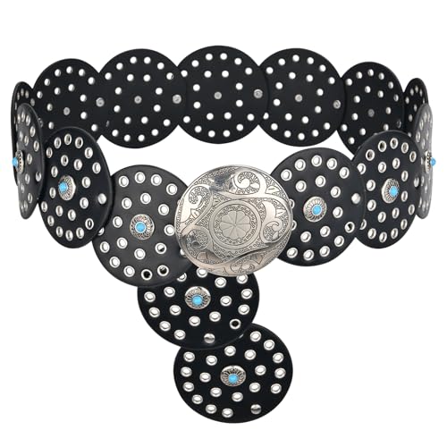 Western Leather Belts for Woman Boho Cowgirl Wide Disc Belt for Women Concho Cowboy Waist Belts for Dress (Black-silver Buckle, 48'' (fits waist size up to 45''))