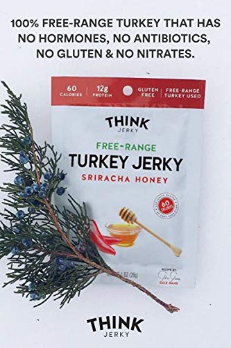 Sriracha Honey Turkey Jerky by Think Jerky — Delicious Chef Crafted Jerky — Free-Range Turkey With No Gluten or Antibiotics Added — Healthy Protein Snack Low in Calories and Fat — 1 Ounce (8 Pack)