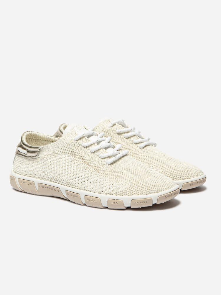 TBS Jazaria Segelschuh, Tennis Knit Eco PET, Chine Blanc + Gold, Wechselfußbett, H7L97 Weiß