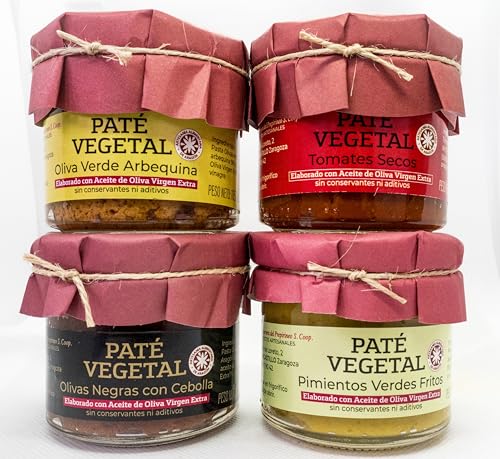 (PACK 4 UNIDADES) PATÉ VEGETAL DE Olivas Verdes Arbequina, Tomates Secos, Olivas Negras de Aragón con Cebolla y Pimientos Verdes Fritos.