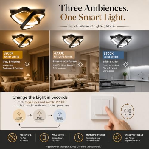 Image of 50W LED Ceiling Light, Square Chandelier Ceiling Lamp, 3 Color Modes Warm /Natural /Cool White, CRI 97 Anti-Glare Eye Protection Light for Bedroom, Living Room, Hall, Dining Room, Office, Black