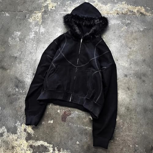 Y2k Zip Up Hoodie Men Hoodie Zip Up Fur Hooded Jacket Grunge Warm Winter Coat for Men with Hood Fur Streetwear4