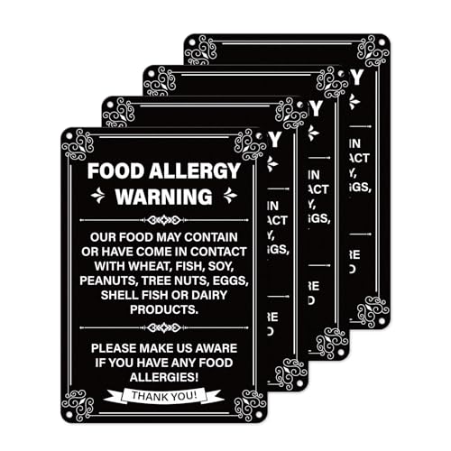 YIKIADA 4 Pack Food Allergy Warning Sign 10 × 7 Inches Aluminum Self Adhesive Waterproof Safety Signage for Restaurant Cafe Bar