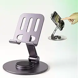 Suporte de Celular de Mesa em Alumínio com Base Rotativa 360° | Ajustável e Dobrável para Smartphones, iPhone, iPad e Tablets | Estável e Antiderrapante - Premium Metal