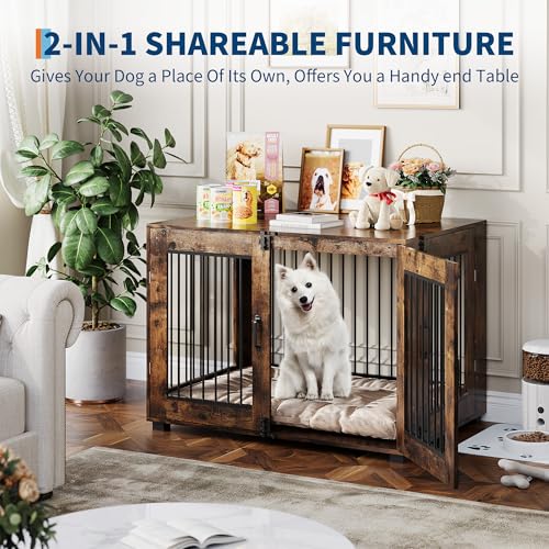 23.6" Dog Crate Furniture, Wooden Kennel with Locking Double Doors, Chew-Resistant Indoor Pet Cage End Table for Small Breeds, Brown - Image 4