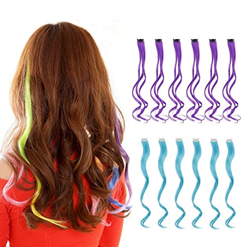 Creamily 12 Pcs Multi-Colors Party Highlights Clip on in Hair Extensions Synthetic Hairpieces (20" Curly, 6 Pcs Purple+ 6 Pcs Blue)