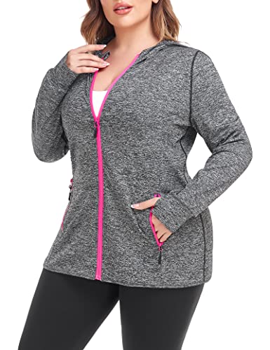 COOTRY Womens Plus Size Workout Jackets Full Zip Up Lightweight Athletic Running Hoodies with Thumb Holes Gray 4XL