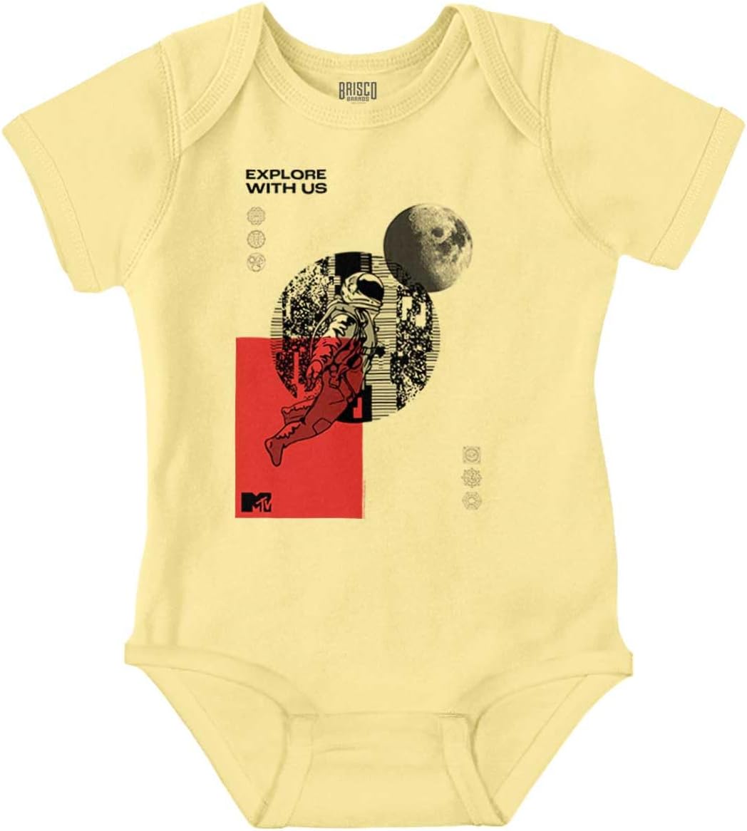 Brisco Brands Vintage MTV Moon Man Explore With Us Baby Romper Boys or Girls