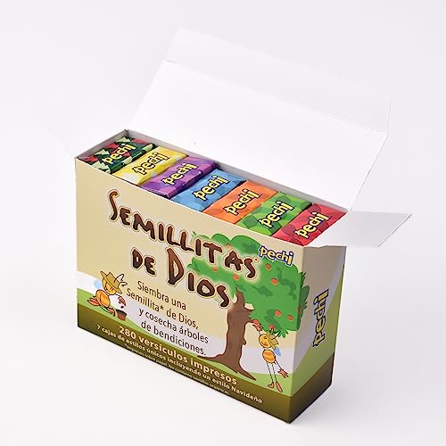 Image of Pechi Paquete de 7 cajitas de Semillitas de Dios - (Mini Bible verses in Spanish) Mini versiculos biblicos todos con distintos disenos llamativos alusivos a un versiculo que traera paz y fortaleza.