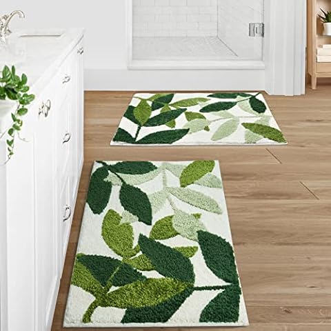 Gibelle Green Bathroom Rug Set 2 Piece, Non-Slip Strong Water Absorbent Plush Microfiber Bath Mat Rug Set, Machine Washable Bathroom Floor Mat Cute Shower Rug Bathmat Indoor Doormat (18"x26"+20"x32") Cover