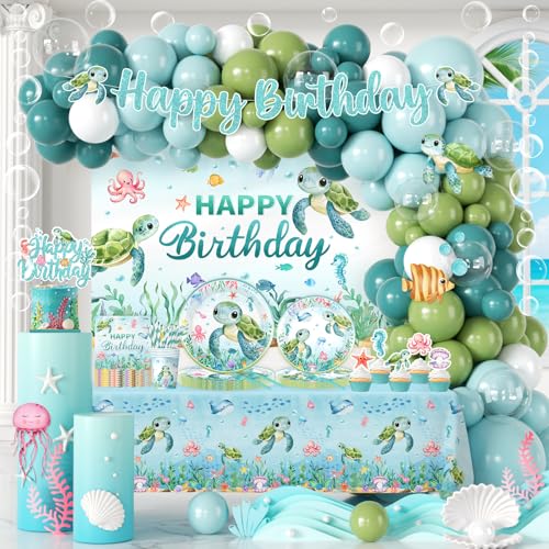 Ocean Birthday Decorations 273pcs Turtle Birthday Decorations Plates and Napkins Cups Banner Backdrop Tablecloth Cake Topper Balloon for Under The Sea birthday Decoration