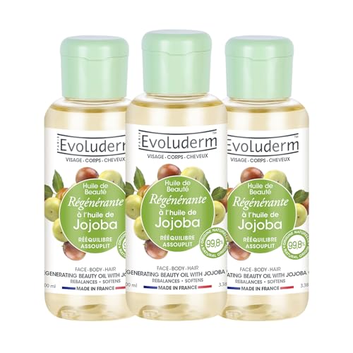 EVOLUDERM - Huile de Beauté à l'Huile de Jojoba - Huile Végétale - Visage, Corps, Cheveux - 100 ml - 99,8% d’Origine Naturelle - Végan - Fabrication Française - Lot de 3 x 100 ml
