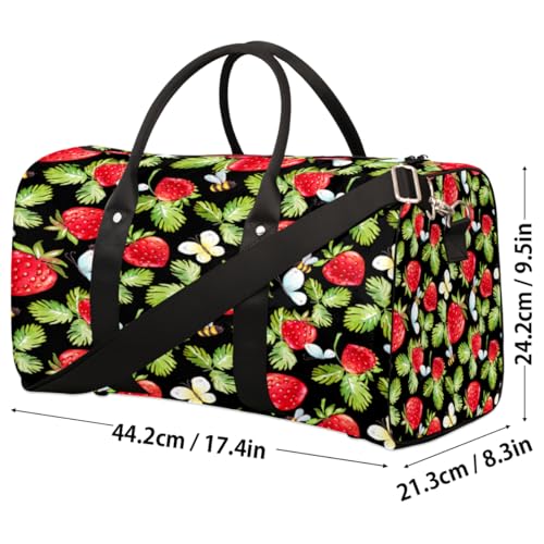 Watercolor Strawberry Leaves Travel Duffel Bag, Butterfly Bee Sports Tote Gym Bag, Foldable Weekender Overnight Bag, Luggage Handle Bag for Women Men4