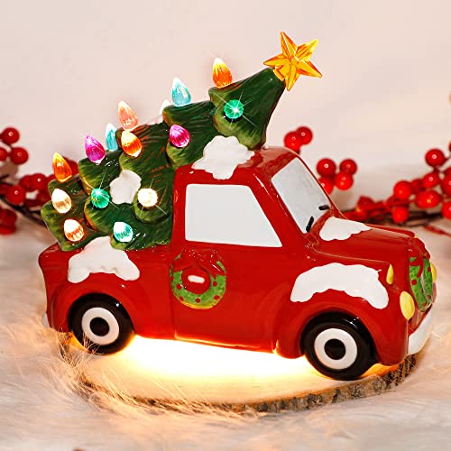Juegoal Beleuchtete Weihnachtstischdekoration, vorbeleuchtete Tischplatte, Keramik, Vintage-LKW-Figur mit Weihnachtsbaum, mehrfarbige Glühbirnen und batteriebetrieben, Schreibtisch, Kaminsims Cover