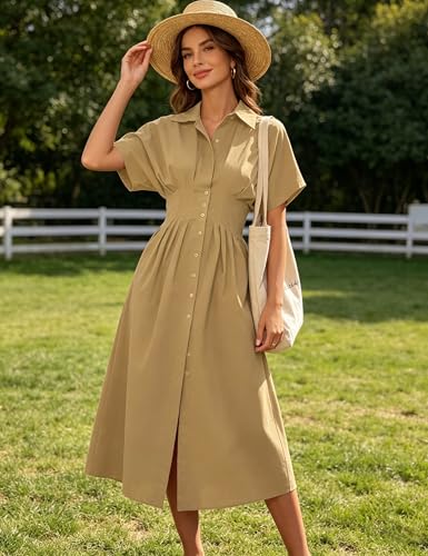 Image of Yeokou Shirt Dress for Women Summer Casual Short Sleeve Button Down Loose Pleated Maxi Sundress with Pockets