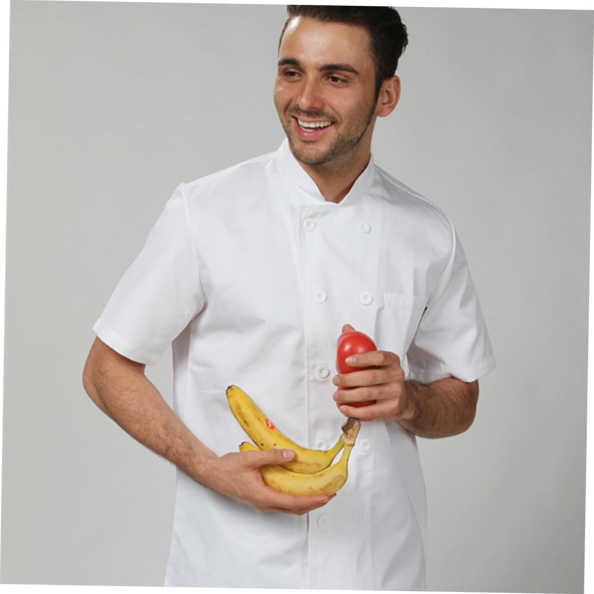 LALADEFIEE Unisex Short Sleeve Chef Coat Xxl Cotton Blended 8-button Front Grey Button Closure Split Sleeve Pocket