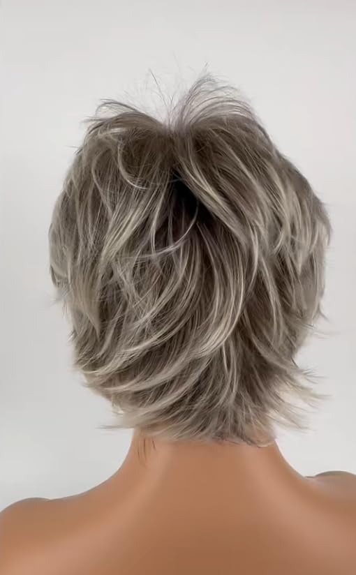Image of Layered Short Blonde Pixie Wigs for White Women Dark Brown Ombre Blonde Pixie Cut Wig with Bangs for Daily Party Wig