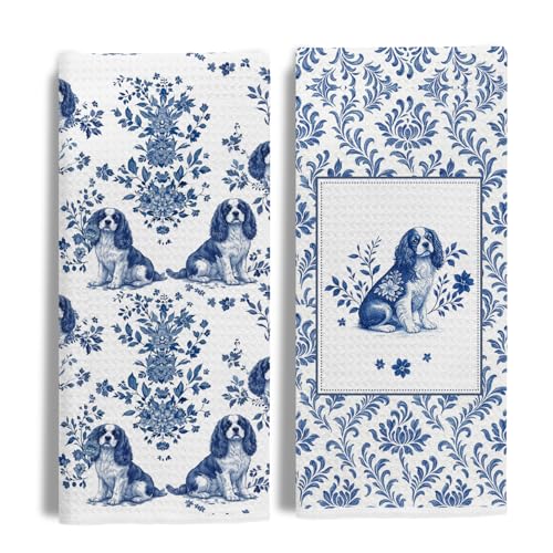 Image of Chinoiserie Cavalier King Charles Kitchen & Hand Towels Set of 2, Blue and White Floral Dog Dish & Tea Towels for Kitchen Bathroom Decor, Vintage Toile Dog Lover Gifts for Women 16x24 Inch