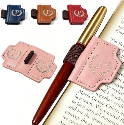Magnetic Initial Leather Bookmark with Pen Holder(Pink,P) image 2