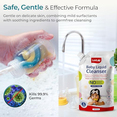 Image of LuvLap Baby Liquid Cleanser Refill pack- 1000ml, For cleaning feeding bottle, cutlery, toys, fruits & vegetables, Kills 99.9% Germs, pH Balanced Dermatologically tested formula, No harsh chemicals