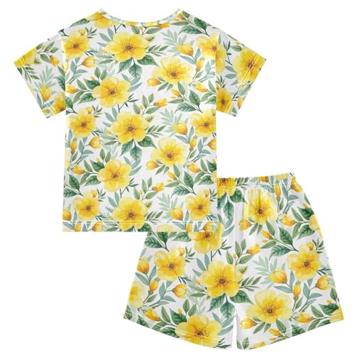 CHIFIGNO Yellow Flowers Leaves Cozy Short SleevePajama, Pj Set with Pocket 5Y2