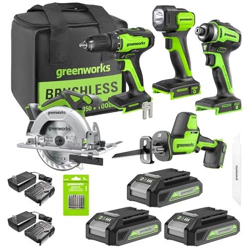 Image of Greenworks 24V 5pcs Brushless Power Tool Combo kit: 310 in. -lbs Drill Driver, 1950 In. Ibs Impact Driver, Reciprocating Saw, Circular Saw, Flashlight With 3x2Ah Batteries & 2xFast Charger